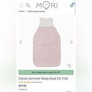 Bundle (2) MORI Clever 0.5 TOG Sleep Sack 0-2Y Blush Stripe & Stardust